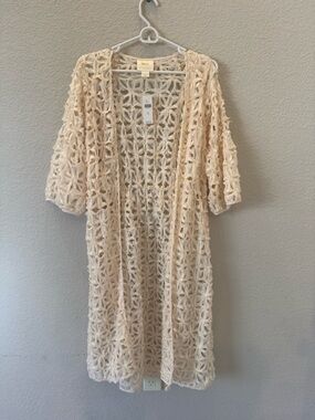 Anthropologie Ivory Open-Knit Floral Duster